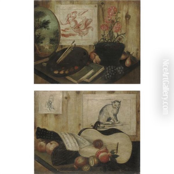 Natura Morta Con Un Dipinto, Un Disegno, Un Vaso Di Garofani, Libri E Una Tavolozza Da Pittore (+ Natura Morta Con Due Disegni, Una Chitarra, Melograni E Un Limone; Pair) Oil Painting by Antonio (lo Scarpetta) Mara