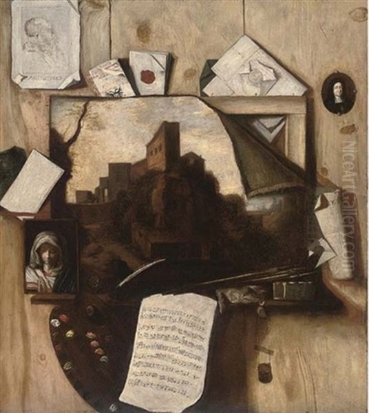 A Trompe L'oeil Of Paintings, A Drawing, An Artist's Palette, Letters And A Sheet Of Music by Antonio (lo Scarpetta) Mara