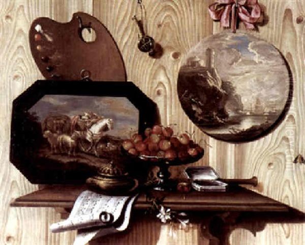 Trompe-l'oeil: Eine Schale Mit Kirschen, Dose, Notenblatt Und Ein Bild Auf Einem Tisch Vor Einer Wand Oil Painting by Antonio (lo Scarpetta) Mara