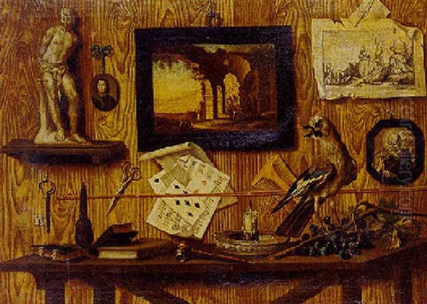 Trompe L'oeil Still Life With A Statue, A Bird, And Other Objects Oil Painting by Antonio (lo Scarpetta) Mara