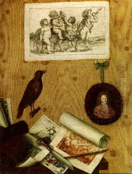 Trompe L'oeil: Prints And Drawings And Other Objects On A Table Oil Painting by Antonio (lo Scarpetta) Mara