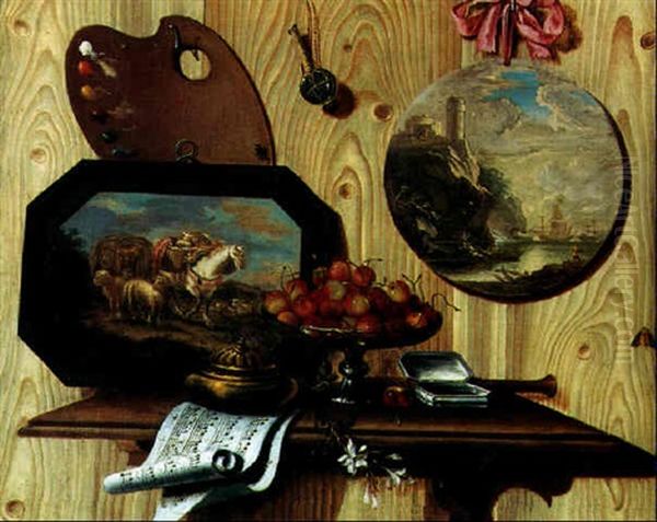 Trompe-l'oeil Avec Peintures, Palette, Partition Et Coupe De Cerises Oil Painting by Antonio (lo Scarpetta) Mara