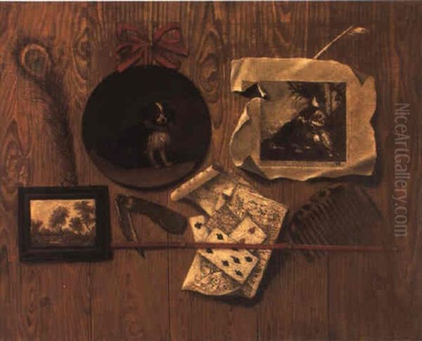 Trompe L'oeil With Cards, Engravings And A Portrait Of A Spaniel Oil Painting by Antonio (lo Scarpetta) Mara