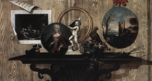 Trompe L'oeil Still Life With Paintings, A Print, Palette And Other Objects Oil Painting by Antonio (lo Scarpetta) Mara