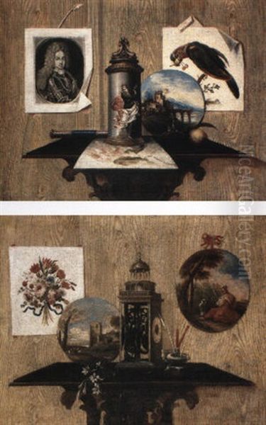 Trompe L'oeil Still Lifes With Paintings, Prints, A Clock And Other Objects Oil Painting by Antonio (lo Scarpetta) Mara