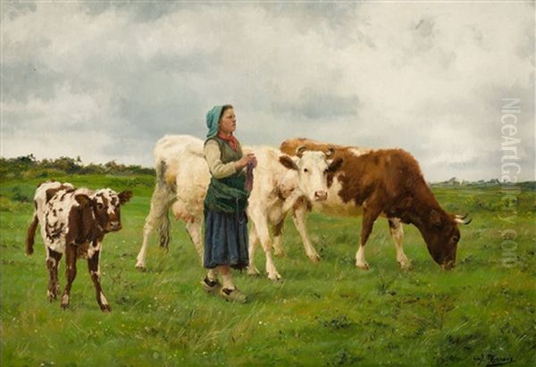 Kuhhirtin Oil Painting by Adolphe Charles Marais