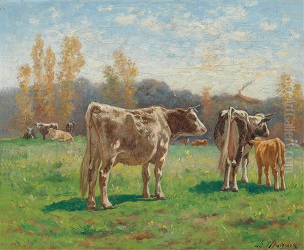 Cows In The Meadow Oil Painting by Adolphe Charles Marais