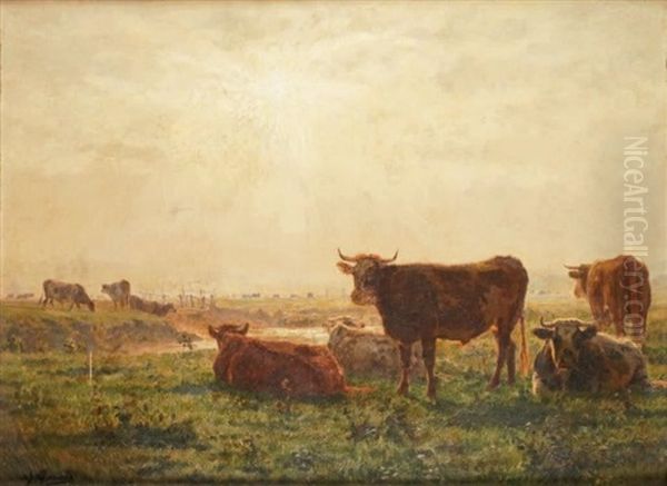 Vaches Pres De La Riviere Au Coucher Du Soleil Oil Painting by Adolphe Charles Marais