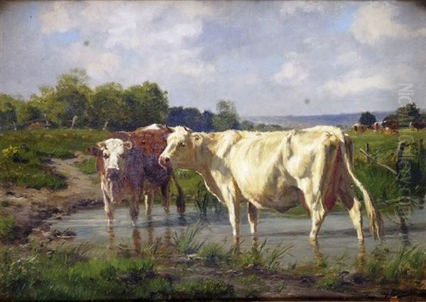 Vaches S'abreuvant Oil Painting by Adolphe Charles Marais