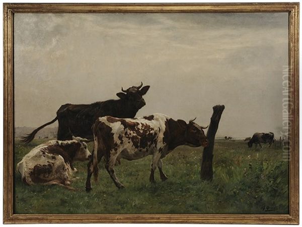 Cows In A Pastoral Landscape Oil Painting by Adolphe Charles Marais