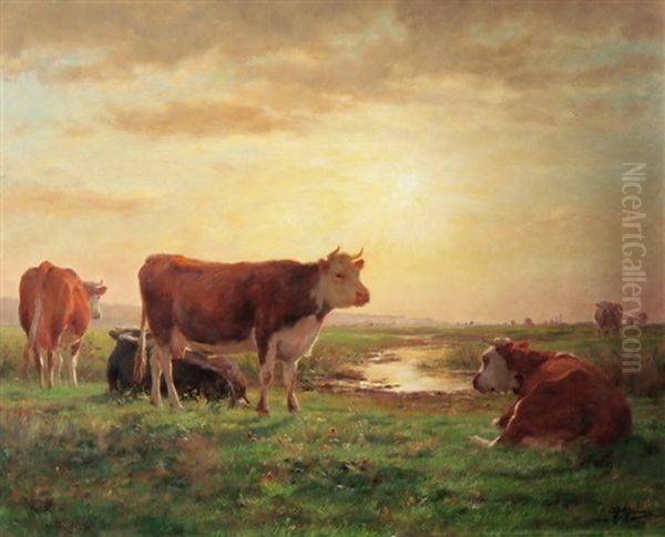 Kuhe Im Abendrot Oil Painting by Adolphe Charles Marais