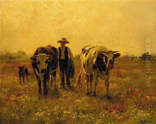 A Cowherder Returning Home With His Cattle by Adolphe Charles Marais