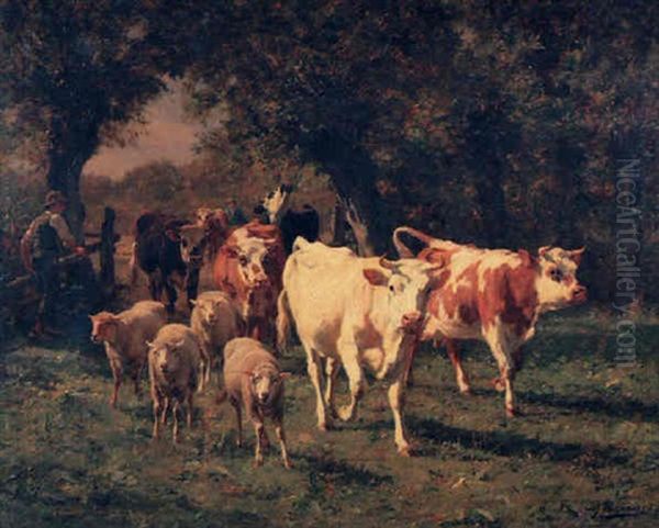 La Sortie De Troupeau Oil Painting by Adolphe Charles Marais