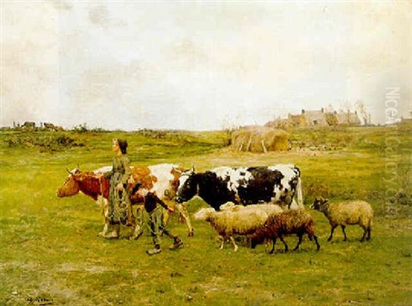 Cattle And Sheep Being Lead To Pasture by Adolphe Charles Marais