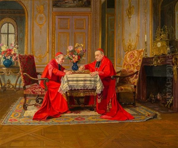 Two Cardinals Playing Checkers Oil Painting by Victor Marais-Milton