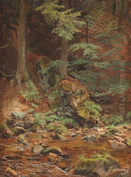 Skogslandskap Med Bekk Oil Painting by Julius Eduard Marak