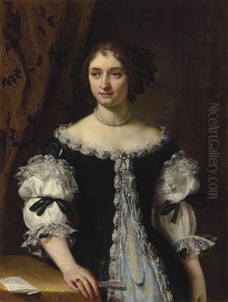 Portrait Of Maria Maddalena Rospigliosi Panciatichi (1645-1695), Half-length, In A Black Surcote Trimmed With Silver Embroidery Over A Brocade Gown, Holding A Fan, By A Draped Table With A Letter Oil Painting by Carlo Maratta