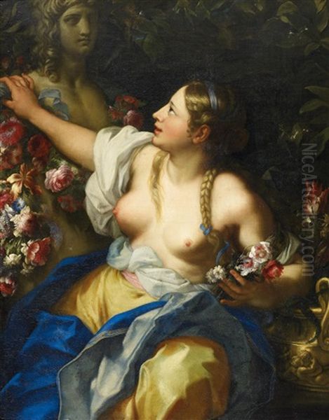 Flora. Faustina, Die Tochter Des Kunstlers, Als Flora Vor Blumenbekranzter Herme Oil Painting by Carlo Maratta