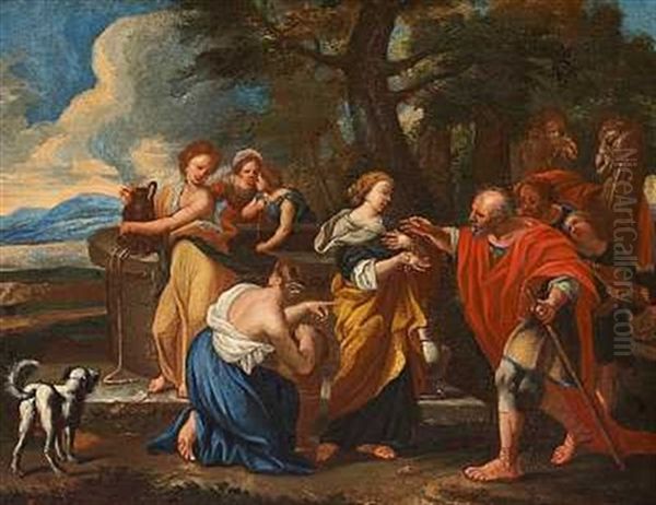 Mytologisk Scene Med En Mand, Der Vender Hjem Fra En Rejse Med Gaver Og Hilses Af En Flok Kvinder(odysseus Hjemkomst?) Oil Painting by Carlo Maratta