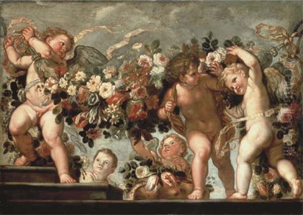 Putti With Festoons Of Roses, Tulips, Morning Glory And Other Flowers On A Parapet With Steps (collab. W/studio Of Franz Werner Von Tamm) Oil Painting by Carlo Maratta