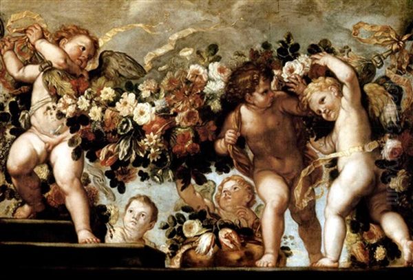 Putti With Festoons Of Roses, Tulips, Morning Glory And Other Flowers On A Parapet With Steps (studio Of Carlo Maratti And Franz Werner Von Tamm) Oil Painting by Carlo Maratta