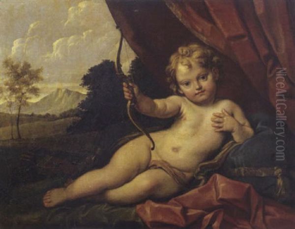 Cupido Seduto Su Un Cuscino Con Un Paesaggio Aperto Sullo Sfondo Oil Painting by Carlo Maratta