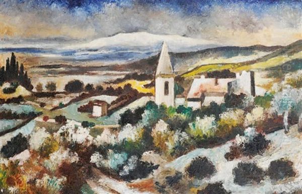 Clocher D'eglise Dans Un Paysage Enneige Oil Painting by Jean Du Marbore