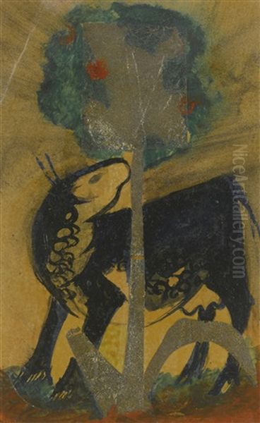 Schwarze Kuh Hinter Baum (black Cow Behind Tree) Oil Painting by Franz Marc