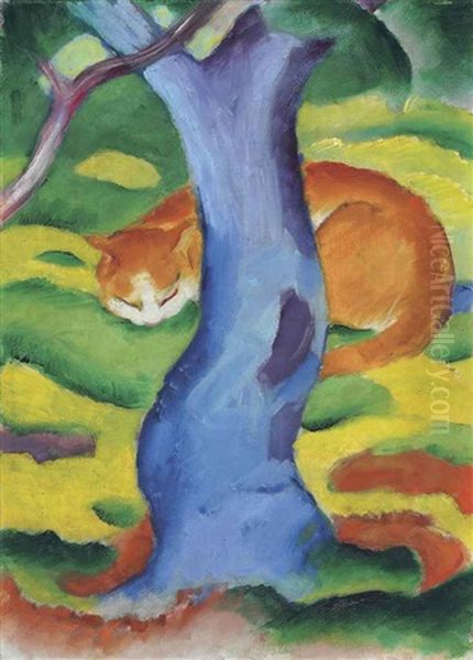 Kinderbild (katze Hinter Einem Baum) Oil Painting by Franz Marc