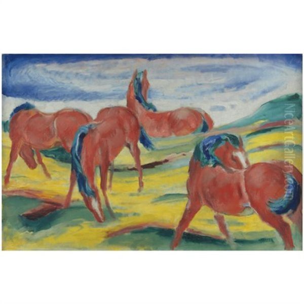 Weidende Pferde Iii - Grazing Horses Iii Oil Painting by Franz Marc