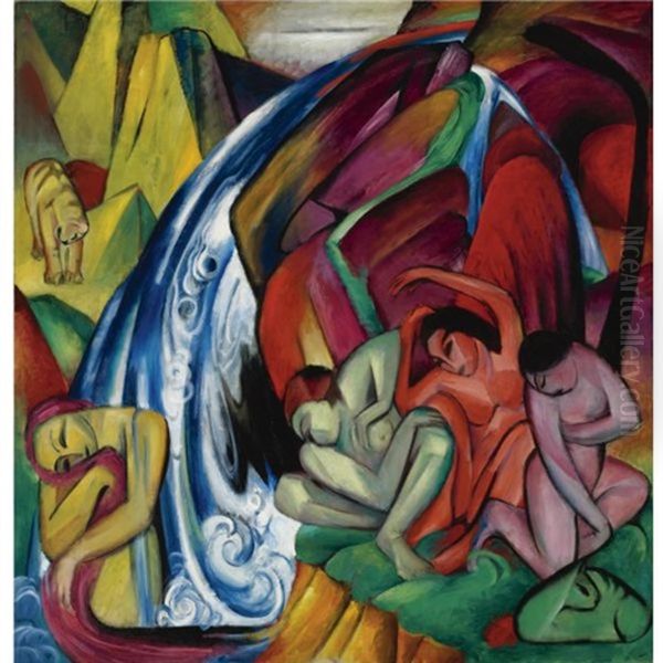 Der Wasserfall (frauen Unter Einem Wasserfall) - The Waterfall (women Under A Waterfall) Oil Painting by Franz Marc