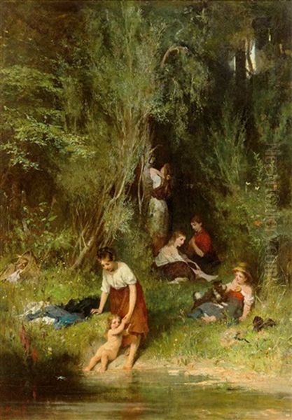 Mutter Mit Ihren Kindern Am Lauschigen Waldteich An Einem Sommertag Oil Painting by Wilhelm Marc