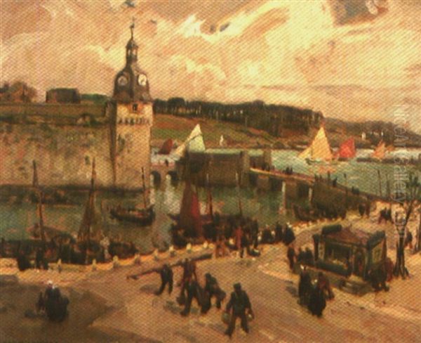 Animation Sur Les Quais Devant La Ville Close De Concarneau Oil Painting by Emmanuel Marcel-Laurent