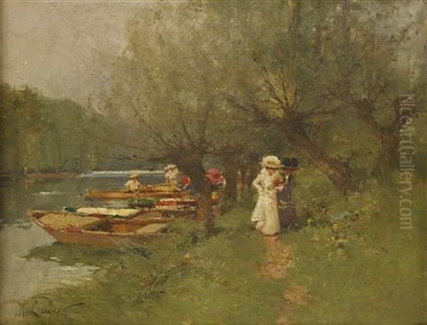 Ladies Promenading By A River, With Other Figures In Punts Oil Painting by  Marcel-Lenoir (Jules Oury)