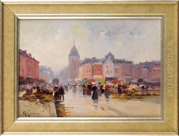 A Continental Market Place Oil Painting by  Marcel-Lenoir (Jules Oury)