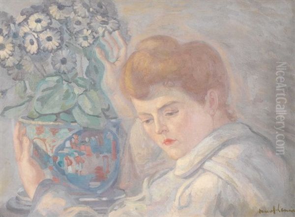 Femme Au Vase De Fleurs Oil Painting by  Marcel-Lenoir (Jules Oury)