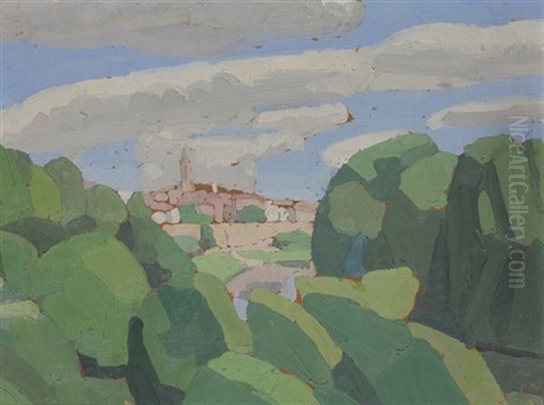 Eine Stadt In Der Provence Aus Der Ferne Oil Painting by  Marcel-Lenoir (Jules Oury)