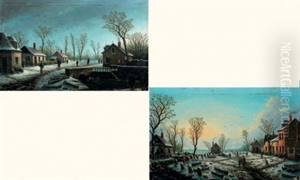 Rue De Village L'hiver (+ Another, Similar; Pair) Oil Painting by  Marcel-Lenoir (Jules Oury)