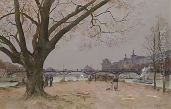 Le Pont Des Arts With The Musee Du Louvre, Paris Oil Painting by  Marcel-Lenoir (Jules Oury)