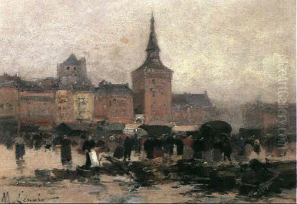 Figures In A Town Square Oil Painting by  Marcel-Lenoir (Jules Oury)