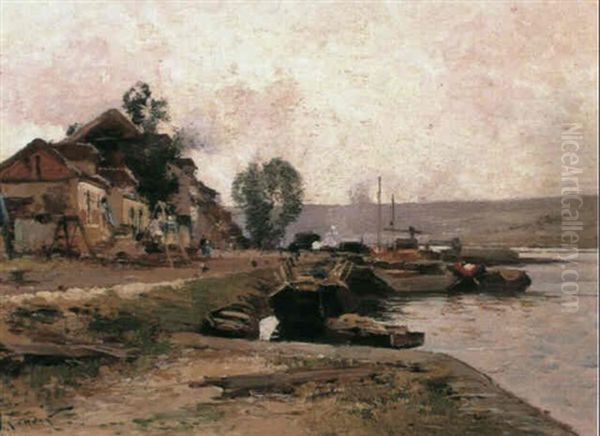 A Village By A River Oil Painting by  Marcel-Lenoir (Jules Oury)