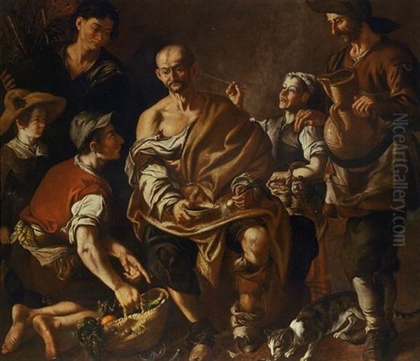 Peasants Mocking An Old Man Oil Painting by Miguel March