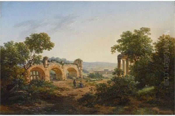 Zwei Kunstler In Romischer Ruinenlandschaft Oil Painting by Pierre Antoine Marchais