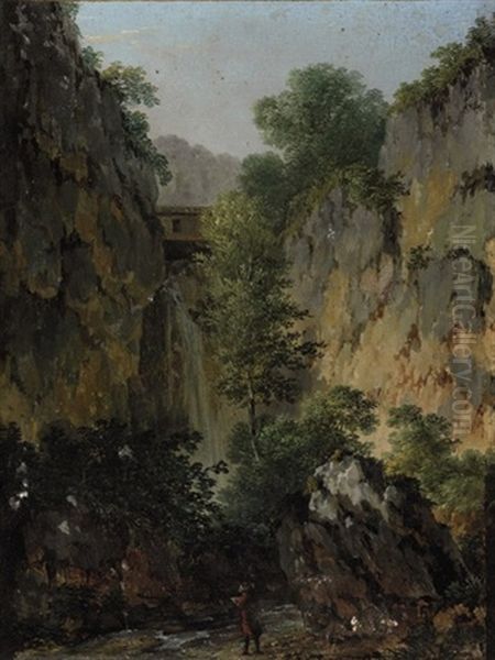 An Artist Sketching At A Waterfall Oil Painting by Pierre Antoine Marchais