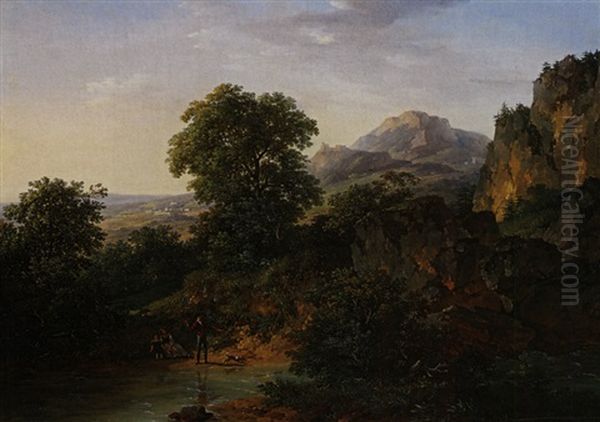 Hugelige Landschaft Mit Junger Familie Und Hund An Teich Spielend Oil Painting by Pierre Antoine Marchais