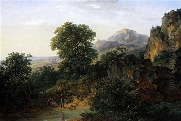 Hugelige Landschaft Mit Junger Familie Und Hund An Teich Spielend Oil Painting by Pierre Antoine Marchais