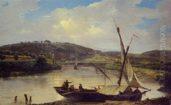 Paysage A La Riviere Avec Un Bateau by Pierre Antoine Marchais