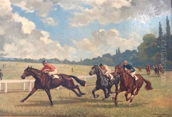 Course A Longchamps En 1947. Ecuries Boussac, Ganay Et Rothschild Oil Painting by Andre Marchand