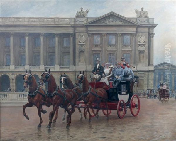 Journee Des Drags, Place De La Concorde En 1923. Hector Franchomme Mene Lui-meme Son Coach Avec A Ses Cotes Le Marechal Foch Oil Painting by Andre Marchand