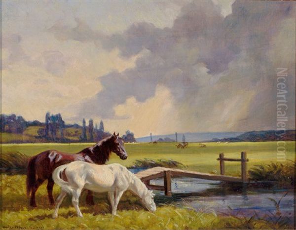 Grasende Pferde Am Flussufer Oil Painting by Andre Marchand